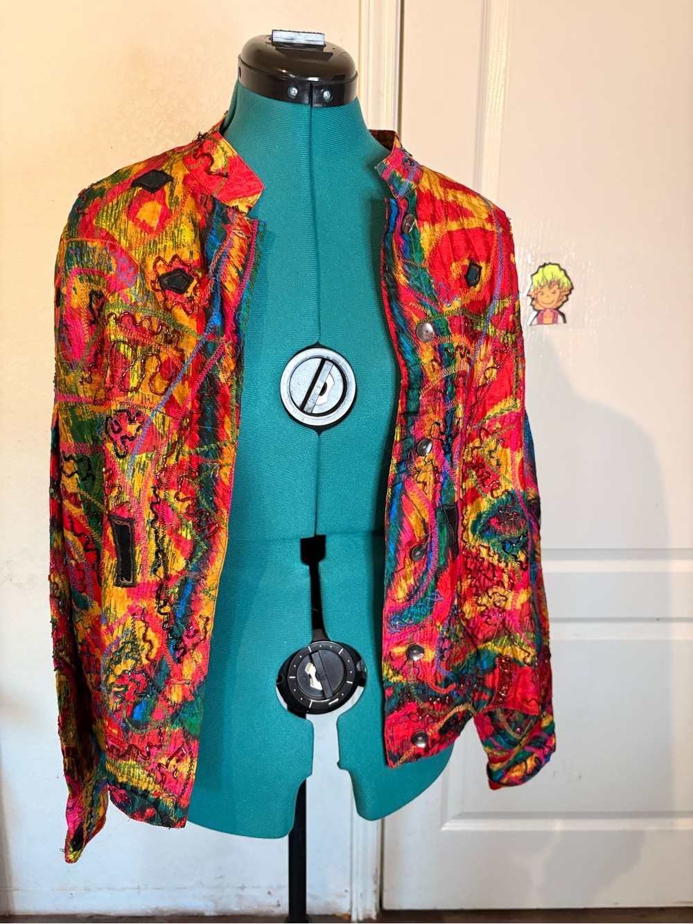 Chico's Vibrant Multicolor Abstract Bomber Jacket - Red, Yellow, Green, Blue